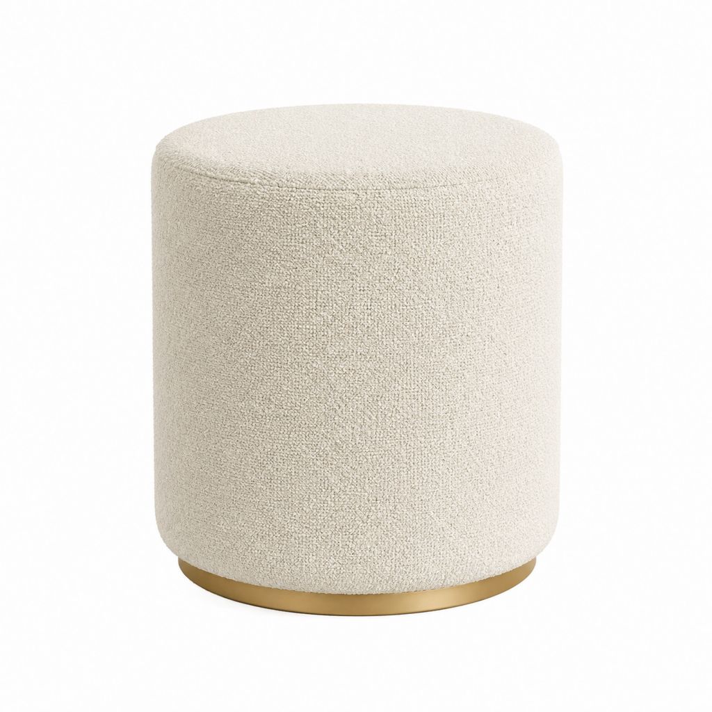 Pouf repose-pieds rond crème en polyester bouclette avec base en acier doré Ø40 x H45 cm