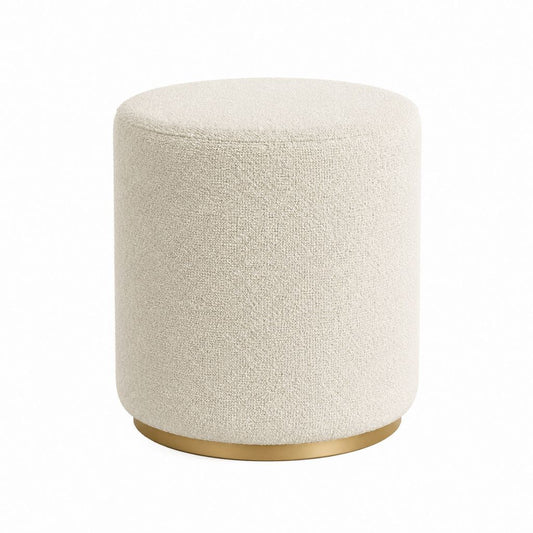 Pouf repose-pieds rond crème en polyester bouclette avec base en acier doré Ø40 x H45 cm