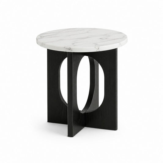 Table d'appoint ronde blanche effet marbre et noire en marbre et MDF Ø50 x H55 cm