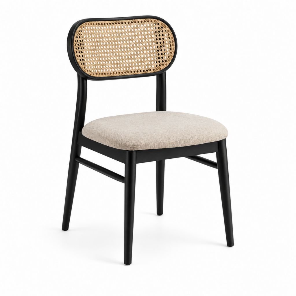 Chaise de salle à manger noire en bois massif avec dossier en rotin et assise en polyester 82 x 50 x 54 cm