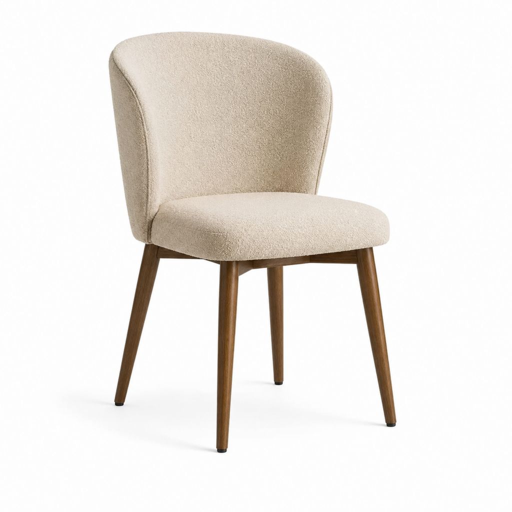 Chaise de salle à manger beige en polyester bouclette à dossier arrondi pieds en hévéa massif 50 x 58 x 82 cm