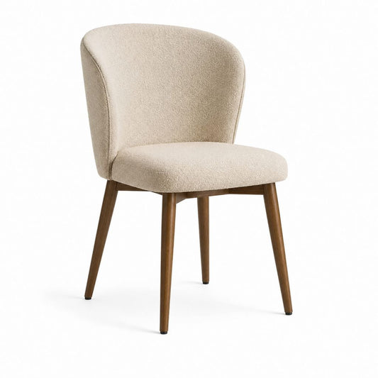 Chaise de salle à manger beige en polyester bouclette à dossier arrondi pieds en hévéa massif 50 x 58 x 82 cm