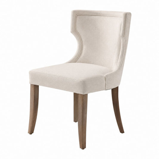 Chaise de salle à manger beige en polyester avec pieds en hévéa massif dossier haut incurvé 50 x 63 x 101 cm