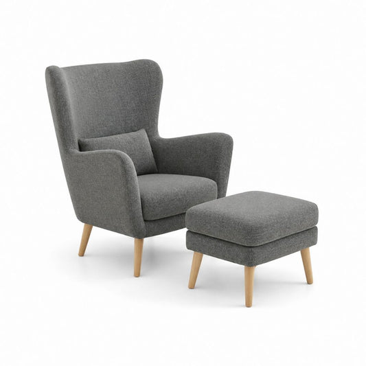 Fauteuil relax à oreilles avec repose-pieds gris en polyester et bois massif 78 x 88 x 106 cm